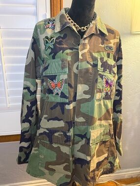 Camo Utility Jacket with Colorful Butterfly Patches